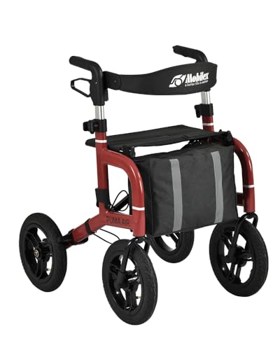 All Terrain Rollator with Pneumatic Tires | Outdoor Walker with Big Wheels & Seat | Mobilex Puma Air (Red)