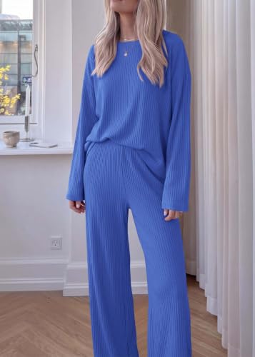 KIRUNDO Fall Ribbed Knit 2 Piece Lounge Set Women(Blue, XX-Large) — view 4