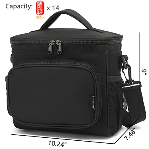 Flowfly Insulated Reusable Lunch Bag Adult Large Lunch Box For Women And Men With Adjustable Shoulder Strap,Front Zipper Pocket And Dual Large Mesh Side Pockets, Black #TOP3