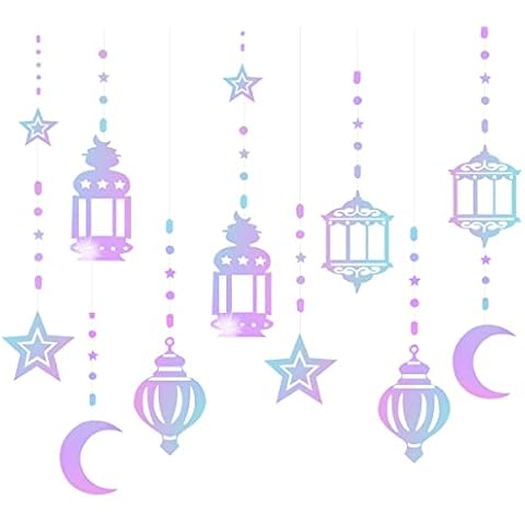 12 Pcs Ramadan Garland Eid Decoration Streamer,Ramadan Mubarak Party Banner,Star Moon Lantern Streamer Backdrop Shining Hanging Wall Decorations for Home Wedding Birthday Islam Party Decor（colorful） Cover