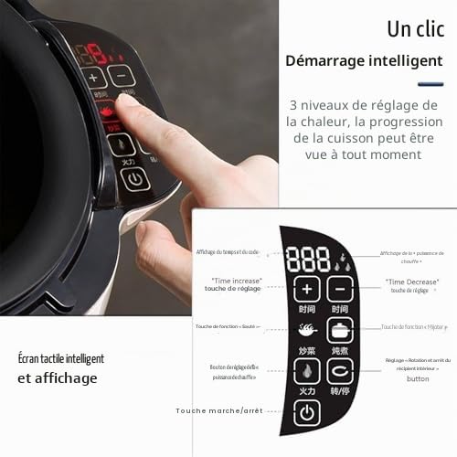 Machine de cuisson automatique, 6 L électrique Wok Machine à riz frit, démarrage en un clic, 3 vitesses réglables, rotation automatique à 360°, pour sauter, ragoût, cuisson