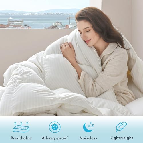 Down Feather Fiber Comforter King Size - All Season Luxury Hotel Duvet Insert, Medium Warmth, 750+ Fill Power Fluffy Premium Comforter, White Cotton Cover, 106'' x 90''