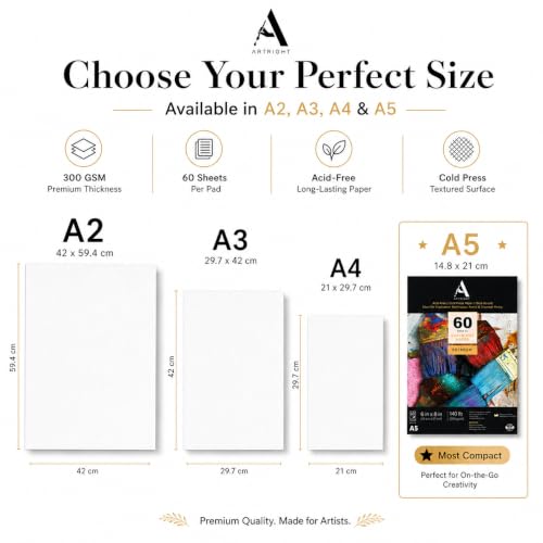 Image of ArtRight Artists' Sketching Paper (A5 Pack of 60 Sheets, 300 GSM); Handmade Cartridge Mixed Media Sheets of 300GSM for Pencil, Charcoal and Ink Media