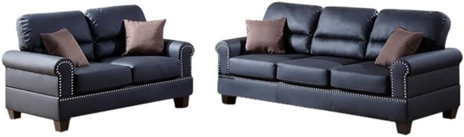 Benzara Bonded Leather with Loveseat and Cushions, Black