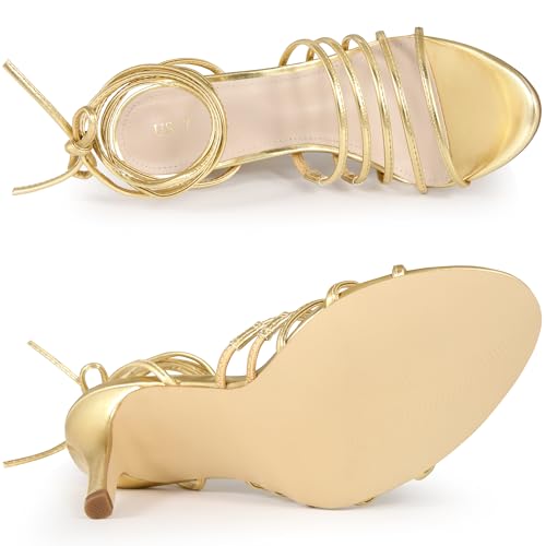 Allegra K Allegra K Women's Lace Up Stiletto Heel Strappy Gold Sandals 9.5 M US