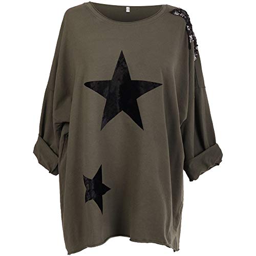 Image of SI032 Ladies Italian Tunic Velvet Star Sequin Shoulder Womens Lagenlook Cotton Top (Khaki, One Size Fits UK (16-24))