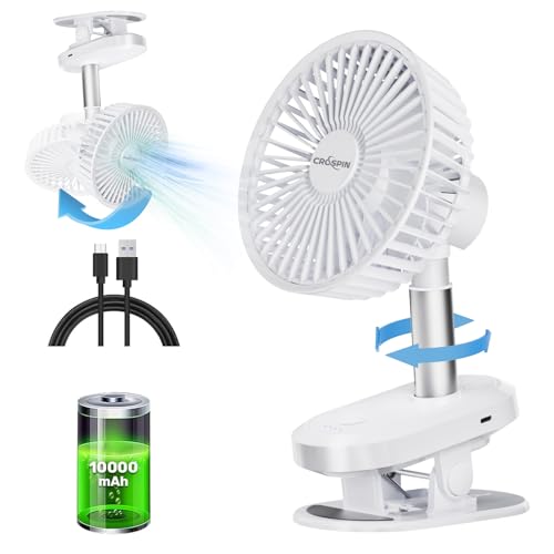 CROSPIN Ventilador de Escritorio Recargable 10000mAh con Rotación Automática 360°, USB Portátil, 3 en 1, 4 Velocidades Silencioso, Clip para Oficina