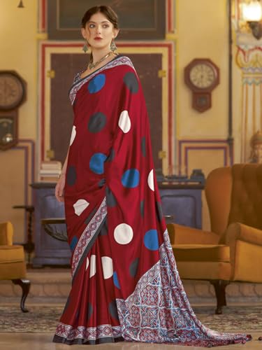 Image of SAREE MALL Women's Ajrkh Print Satin Crepe Polka Dot Printed Saree With Unstitched Blouse Piece