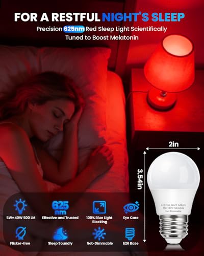 Image of Red Sleep Light Bulbs: A15 5W 625nm Red Light Bulbs for Sleeping, 100% Blue Light Blocking Dim Light Bulbs 40W Equivalent, E26 LED Bulbs for Mood Soothing, Bedroom and Baby Nursery, 2 Pack