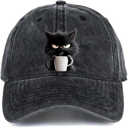 Feral but Fashionable–Cat Hat Edition, Adjustable Frownster Cat Coffee Hat, Grumpy Cats Coffee Cap, Cotton Baseball Cap (US, Alpha, One Size, Black)
