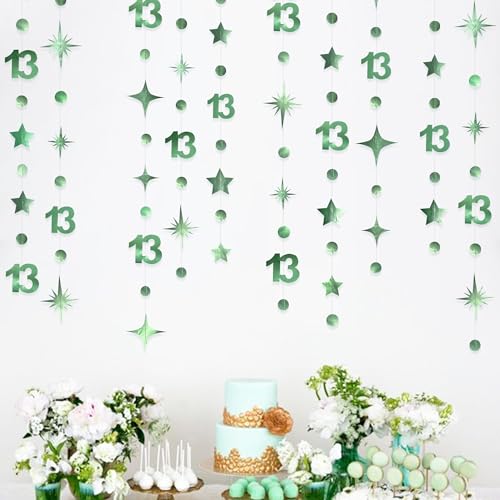 Image of Sage Green 13th Birthday Decorations Number 13 Circle Dot Twinkle Star Garland Metallic Hanging Streamer Banner Backdrop Girls Boys 13 Years Old Birthday Thirteen Official Teenager Party Supplies
