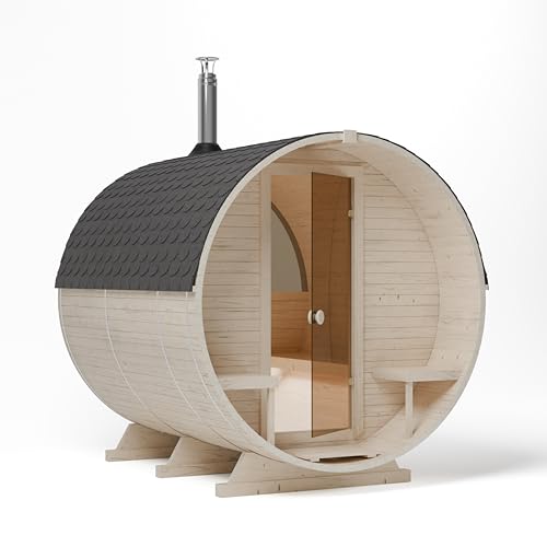 AZS-ENGINEERING 2KR Panorama Fasssauna Garten gartensaunas Outdoor Sauna aus Fichtenholz – Verschiedene Größen (4–6 Personen) – mit Holzofen ETNA