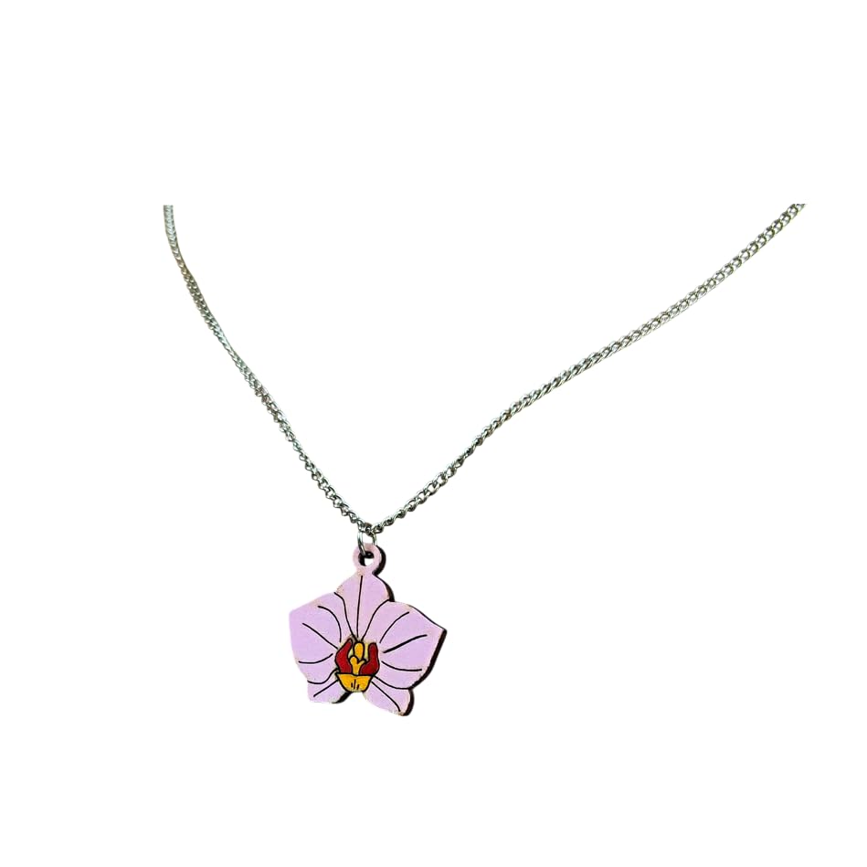 Sastree Colgante Orquídea Original Mujer | Edición Limitada Solo 365 Unidades| Madera Sostenible Pintado a Mano | Joyería Exclusiva Flores y Naturaleza (Acero Inox Plata)