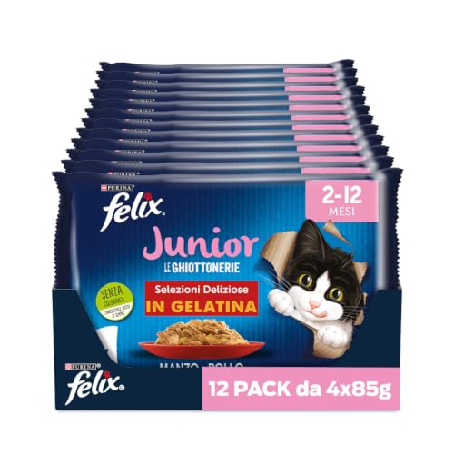 FELIX Le Ghiottonerie Junior Alimento Umido per Gatti Selezioni Saporite, 48 Bustine Facili da Servire, Teneri Bocconcini in Gelatina, 2 Gusti Deliziosi, Nutrizione Completa