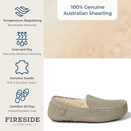 Image of Fireside By Dearfoams Men's Melbourne Genuine Shearling Moccasin Slippers, Memory Foam Sudede Loafers Slip-in House Shoes