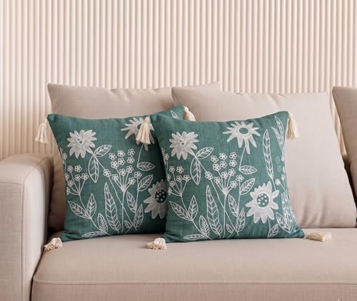 Image of Furnistitchs Handmade Cotton Bohemian Home Decor Cushion Cover 24x24 inches / 60x60 cms - Boho Chic Couch Sofa Throw Living Room Bedroom Cushions (1, Green Florets)