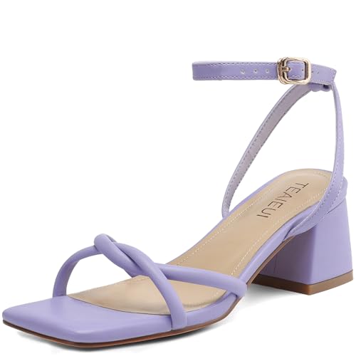 Image of TEAIEUI Chunky Heels for Women, Square Open Toe Heeled Sandals, Strappy Ankle Strap Shoes for Dress, Party, Prom, Block Low Heel 2 inch