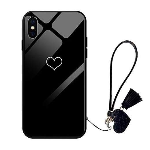Suhctup Compatible pour iPhone X/XS Coque Verre Trempé Dure avec Cordon Étui Mignon Motif Design Rigide Housse Cadre en TPU Anti-Rayures Antichoc Protection Cover,Amour 5