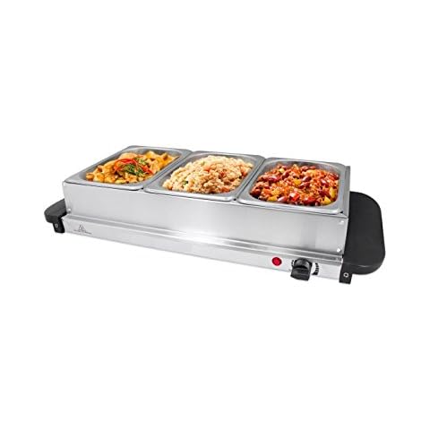 Invero® Compact 3-Section Stainless Steel Food Buffet Server and Warming Hotplate Tray with Adjustable Temperature Control, Clear Lids and Cool Touch Handles - 200W Cover