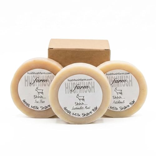 Image of HushHush Farms Shaving Soap for Men | Handmade with Goat Milk, Olive Oil & Cocoa Butter | Plastic-Free & Moisturizing Shave Soaps | Pack of 3 (Patchouli, Tea Tree, Lavender Mint)