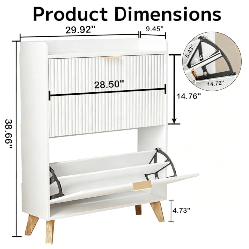 Image of Slim Shoe Storage Cabinet for Entryway, 2 Flip Drawers Wooden Organizer with Fluted Panel, Secure Fence Top for Plants & Decor, Hidden Shoe Storage for Hallway & Foyer (White)