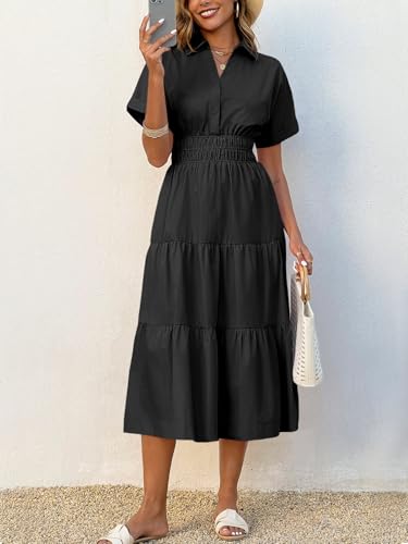 Wenrine Womens Summer Short Sleeve Maxi Dresses Casual V Neck Smocked Loose Tiered Flowy Shirt Dress with Pockets4