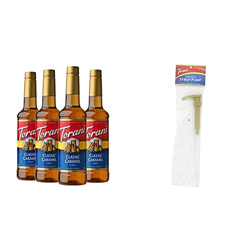 Torani Syrup, Classic Caramel, 25.4 Ounces (Pack of 4) & Syrup Pump, 750 ML