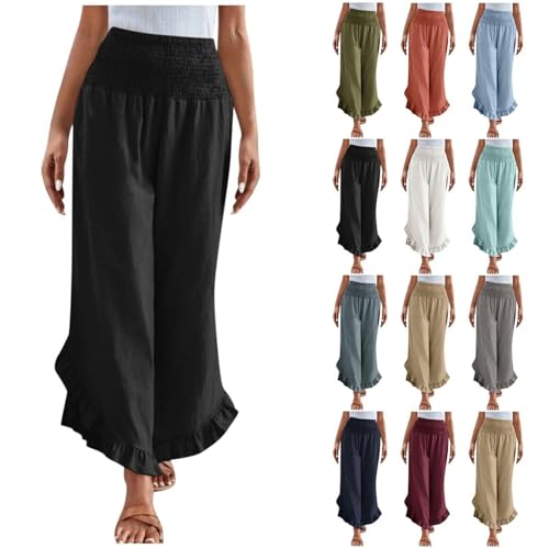 Capris Pants for Women Wide Leg Pants Woman Casual Smocked High Waist Flowy Ruffle Hem Capris Beach Vacation Boho Trousers Black