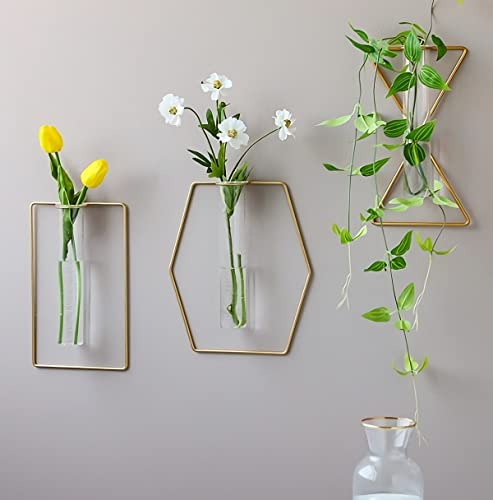 Lovecat Pack Of 2 Wall-Mounted Hydroponic Planters, Hanging Flower Vases, Home Decor Geometric Terrariums, Hydroponic Glass Containers With Gold Metal Frames #TOP3
