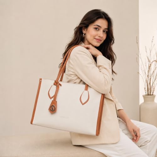 Image of Carrylux Women's Soft & Lightweight Tote Bag | Handbag | 14-inch Laptop Space | Ivory & Tan