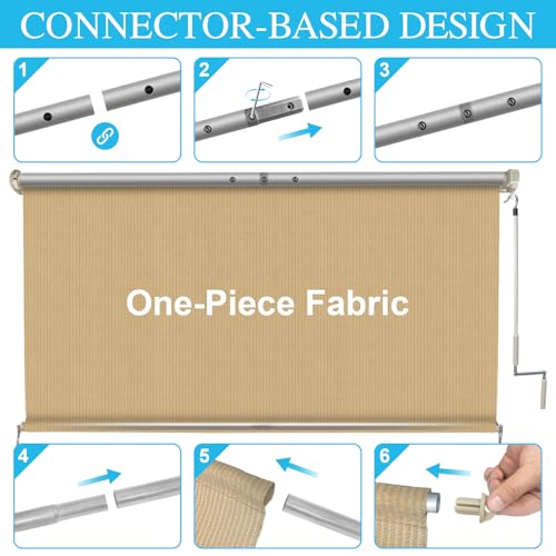 Amagenix Outdoor Roller Shades 6'(W) X 8'(H), Exterior Cordless Patio Shades Roll Up Outdoor Blinds with 90% UV Protection, Two-Section Poles with One-Piece Fabric, Sesame by Amagenix - Image 6