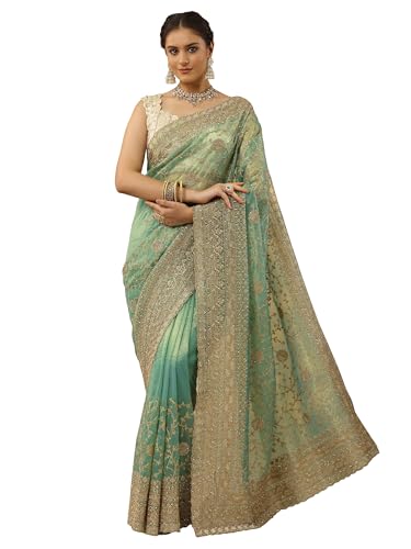 Image of Libas Embroidered Nylon Saree for Women With Unstitched Blouse Piece | Traditional Saree for Festive & Wedding