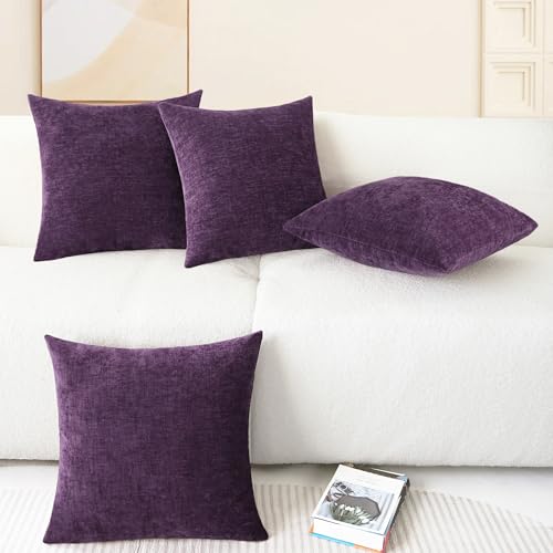 Image of CaliTime Throw Pillow Covers Decorative 18 X 18 Inches Pack of 4 Cozy Chenille Cushion Cases for Couch Sofa Bed Living Room Home Plum Purple