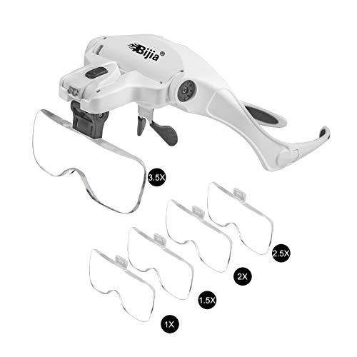 BIJIA Lupenbrille mit 2 LED Licht Hände Frei Kopfband Lupen Standlupe für Hobby, Lesen, Elektriker, Juweliere, Nähen, Reparatur, und ältere Menschen,5 Wechselobjektive(1.0X bis 3.5X)