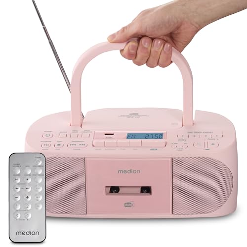 MEDION DRX-1 Plus Boombox (Radio Portable Dab+ et FM, Bluetooth, Lecteur CD, MP3, Cassette, Prise Casque, stéréo, AUX, Secteur & Piles) Rose