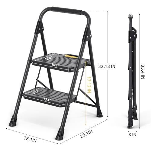 KINGRACK 2 Step Ladder, Sturdy Steel Step Stool with Anti-Slip Wide Pedals, Handrail, Safe-Lock Design, Pass 800lbs Load Testing, Folding Portable Ladder for Multi-Purpose, Home, Kitchen, Black by KINGRACK - Image 8