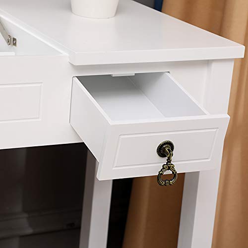 ZDMATHE Vanity Set with Flip Top Mirror Makeup Dressing Table Writing Desk with 2 Drawers Cushioned Stool, Vanity Makeup Table with Removable Organizers (White)