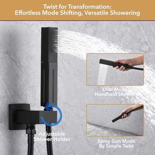VANFOXLE Thermostatic Shower Faucet Set Matte Black Shower System, Shower Faucet with 2 in 1 Handheld, Ceiling Mount 19 Inch Dual Mode LED Shower Head+14 Inch Shoulder massager miniatura 4