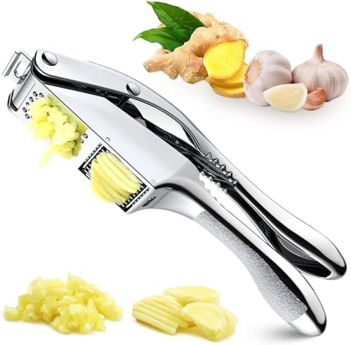 Premium Stainless Steel Garlic and Ginger Press, Walnut Crusher Set,3 in 1 Professional Grade Mincer, Crusher with Brush & Peeler - Easy-Clean, Dishwasher Safe & Soft Handle for Fine Garlic Crushing