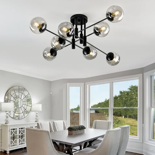 Image of 8 Light Glass Globe Ceiling Light Black Mid Century Flush Mount Sputnik Light Fixture Bubble Chandelier Living Room Farmhouse for Dining Room Kitchen Bedroom.