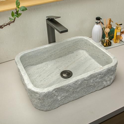 100-Handcrafted-Stone-Vessel-Sink-with-Rectangular-White-Striped-Design-Rustic-Farmhouse-Style-for-Bathroom-Vanity-or-Countertop-Medium-Sized 100 Handcrafted Stone Vessel Sink with Rectangular White Striped Design Rustic Farmhouse Style for Bathroom Vanity or Countertop Medium Sized