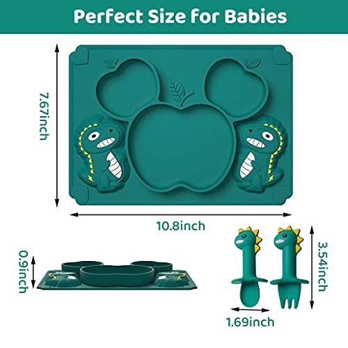 Image of SNOWIE SOFT Baby Suction Plates For Baby Feeding; Silicone Toddler Plates With Deep Divided For Kids To Feed Themselves, Baby Place Mats With Cute Dinosaur Design, Bpa Free,1 Count,Green