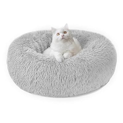 Calming Dog Cat Donut Bed - Fluffy Plush Puppy Kitten Cuddler Round Bed, Warm and Soft Pet Cosy Anti Anxiety Beds with Non-Slip Bottom and Washable (M 19.7in, Grey)