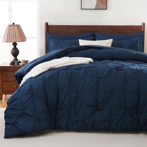 Sheet&Joy King Size Comforter Set 7-Piece Bed in a Bag Pintuck Bedding Set for All Season Includes Comforter Flat Sheet Fitted Sheet Pillowcases and Pillowshams Navy Blue