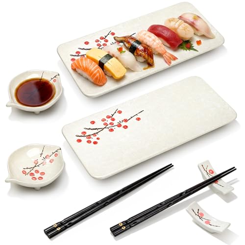 Pumtus 8 Pcs Ceramic Sushi Plate Set Floral Japanese Serving Dishes Sushi Dinnerware for Wedding Housewarming Gift Includes 2 Sushi Tray 2 Sauce Bowls 2 Pairs of Chopsticks 2 Chopstick Rests
