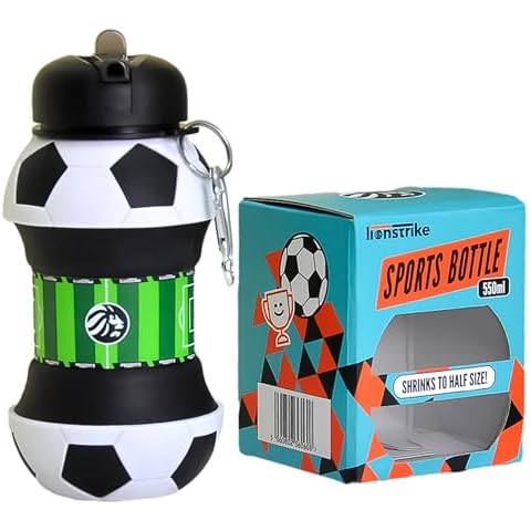 Lionstrike Kids Sports Water Bottle, Football Gifts for Boys and Girls - Collapsible Football Bottle (550ml) Cover
