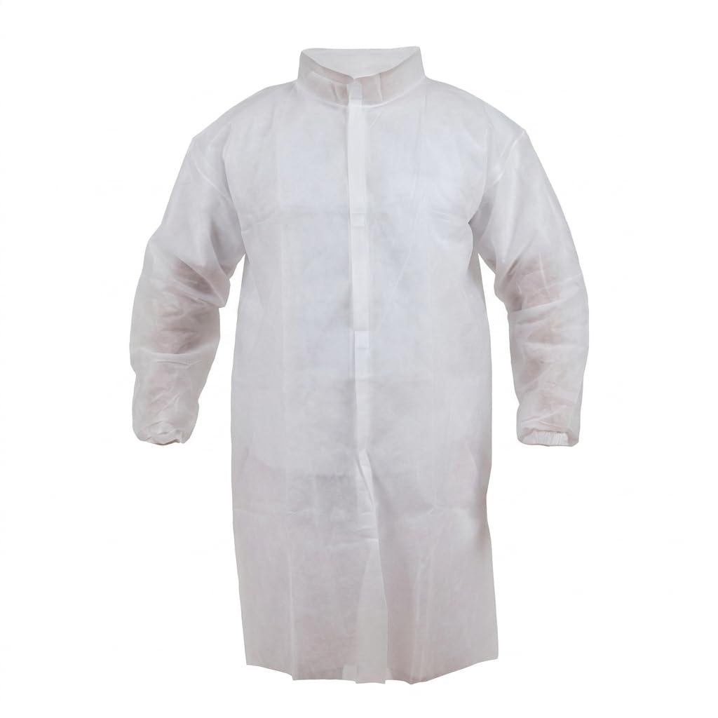 100 Batas desechables PP 20 g blancas XL sin bolsillo, cierre delantero adhesivo, cuello mao, puños elásticos, uso sanitario, estética y protección profesional