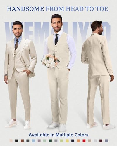 Linen Suit Men 3-Piece Slimt Fit Notch Lapel Blazer Vest Pants Summer Wedding Beach Party2