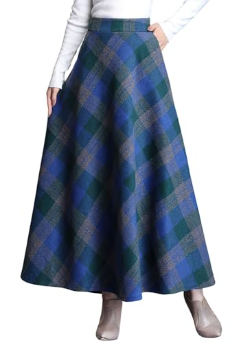Women's Winter Warm Wool Plaid High Waist A-Line Drape Pleated Maxi Skirts with Pockets