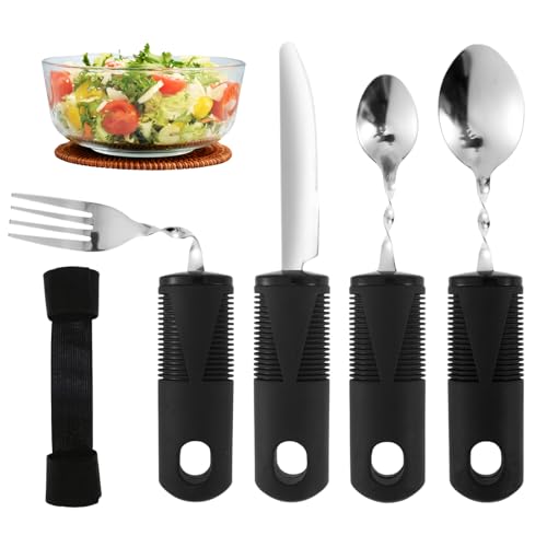 4 Stück Parkinson Besteck mit Fester Riemen Besteck für Parkinson mit Dickem Griff Stabilisieren Griffverdickung Besteck für Handzittern Arthritis...